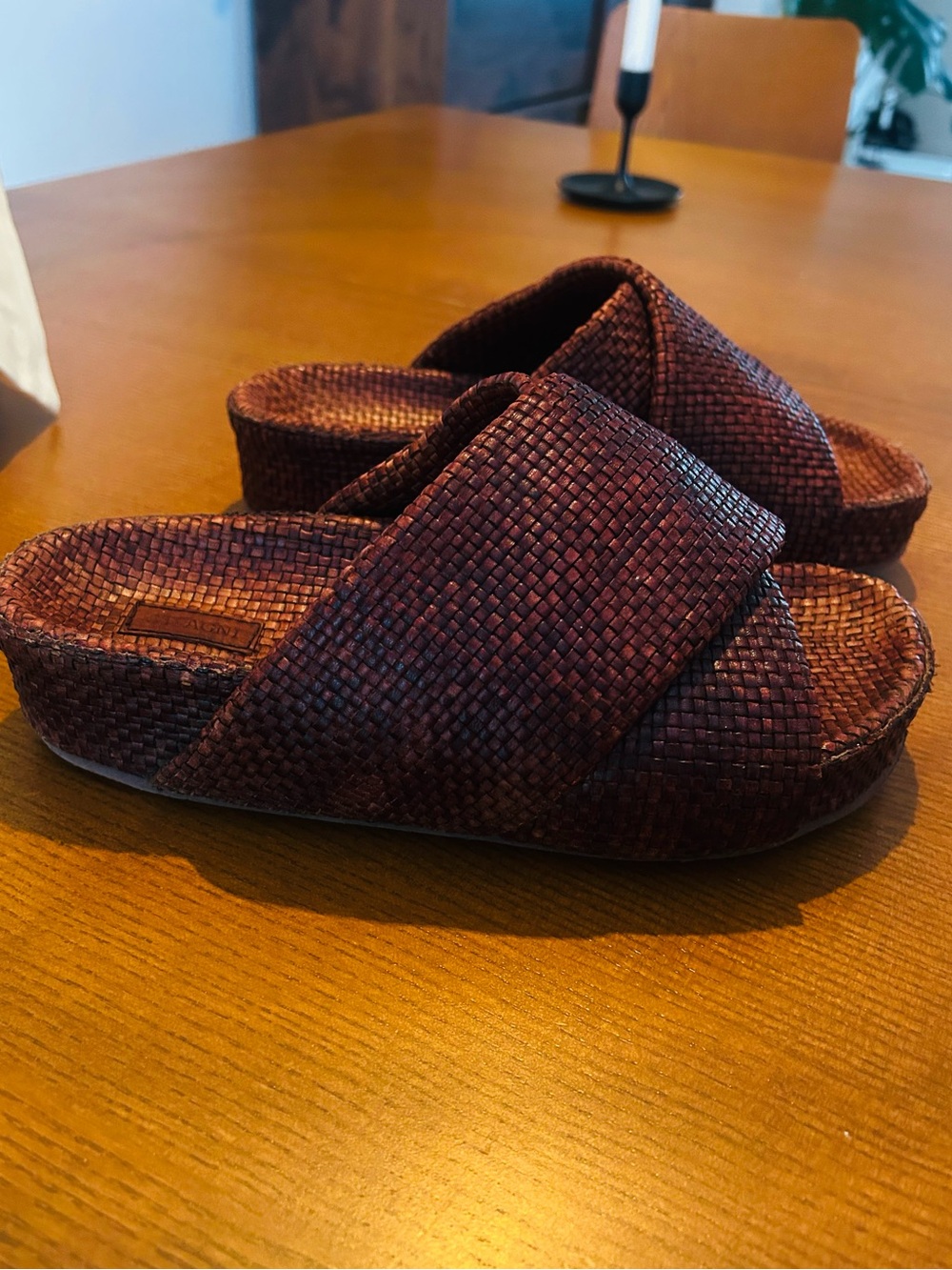 St. Agni Finely Woven Leather Slides — Chocolate Brown